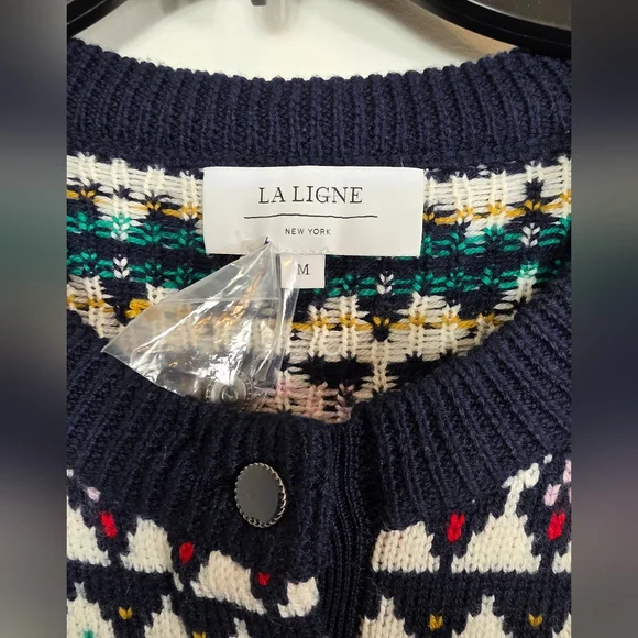 La Ligne Fair Isle Merino Wol Navy Blue Henley Crewneck Pullover Sweater M - Picture 4 of 6